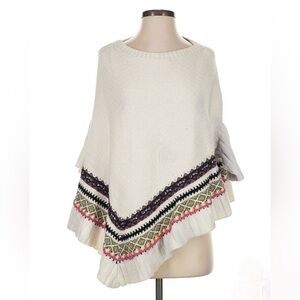 Anthropologie Sleeping on Snow- Cream Poncho with Patterned Trim